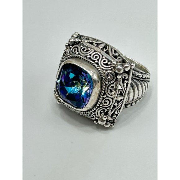 Mystic Blue Quartz Ring Size 5 Sterling Silver Ornate Raised Stone Silver 925 - Picture 3 of 10